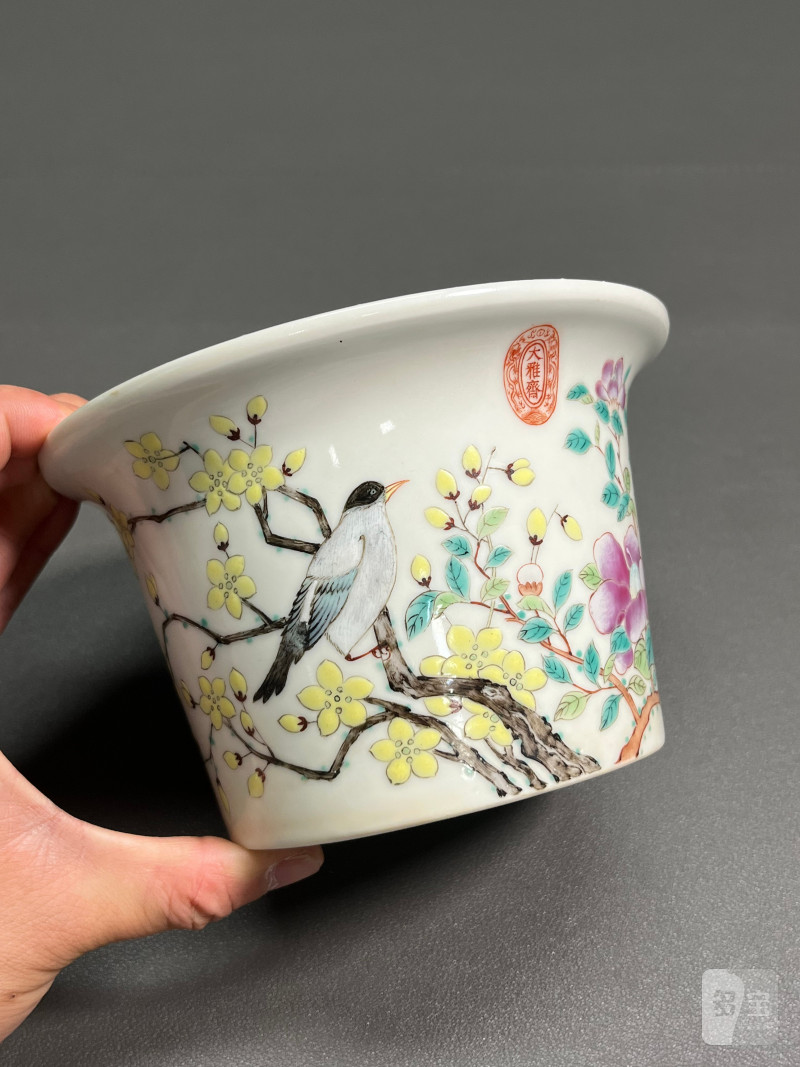 清光绪  “大雅斋”粉彩花鸟纹花盆 - 图11